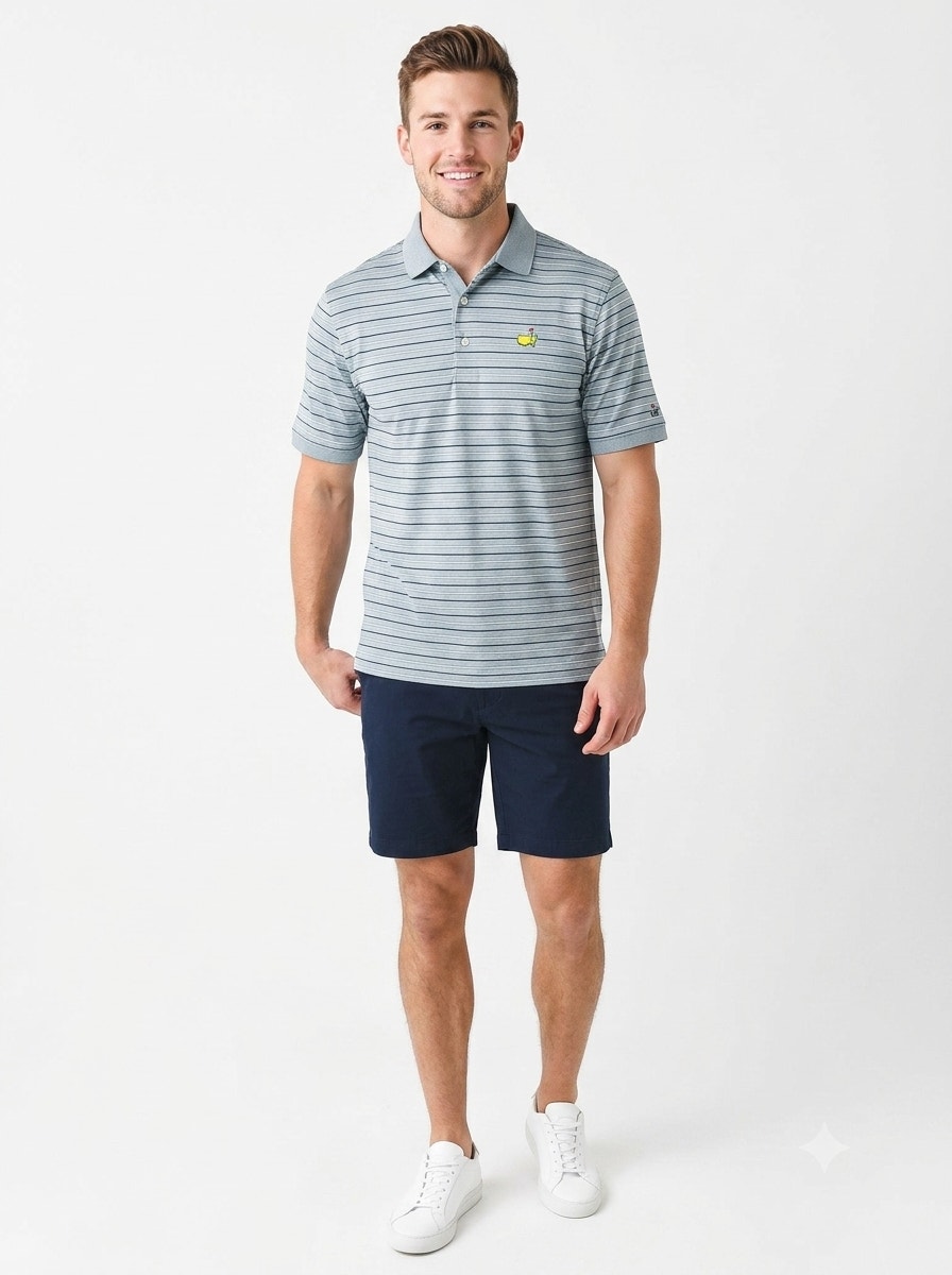 Bobby Jones Players Polo Shirt Mens L Blue Striped Masters Golf Tournament Logo